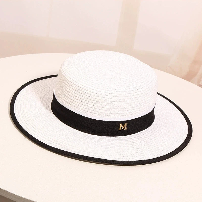 Women's Summer Travel Beach Jazz Hat Seaside Sunshade Sun Protection Straw Hat Flat Top British Hat Straw Woven