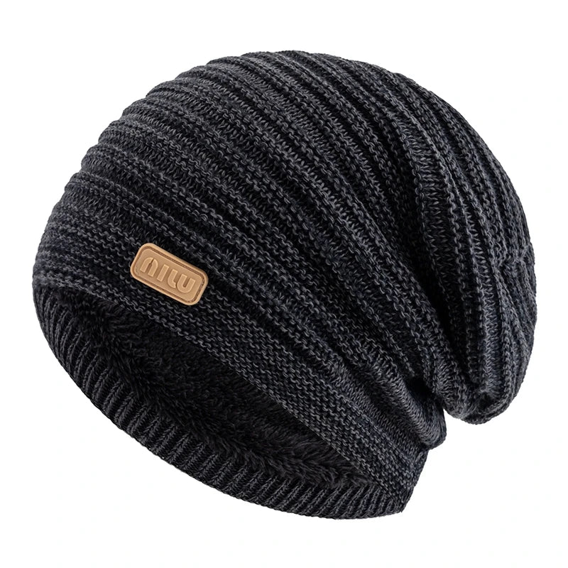 New Style Unisex Slouchy Winter Hats Men Women Striped Mix Warm Beanie Cap NIU Label Decor Plush Fur Lined Winter Knitted Hat