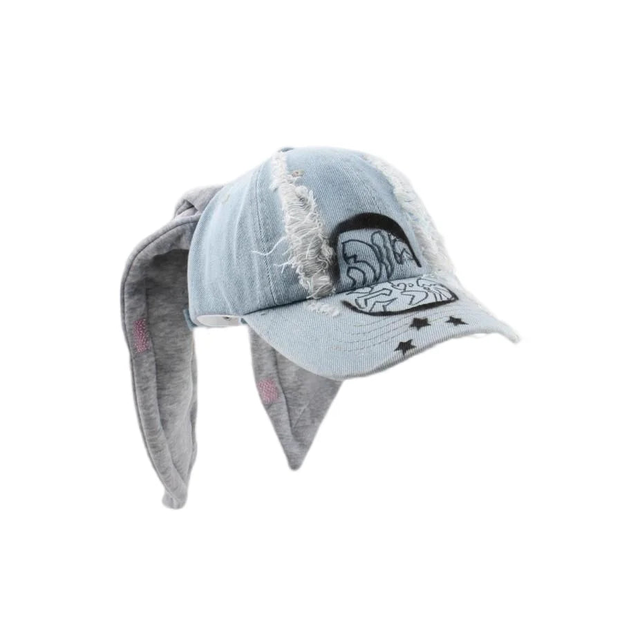 Korean Fashion Baseball Cap For Punk Ripped Retro Denim Jeans Graffiti Cool Long Rabbit Ear Street Hip Hop Sun Hats Visors