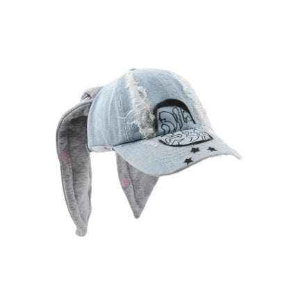 Korean Fashion Baseball Cap For Punk Ripped Retro Denim Jeans Graffiti Cool Long Rabbit Ear Street Hip Hop Sun Hats Visors