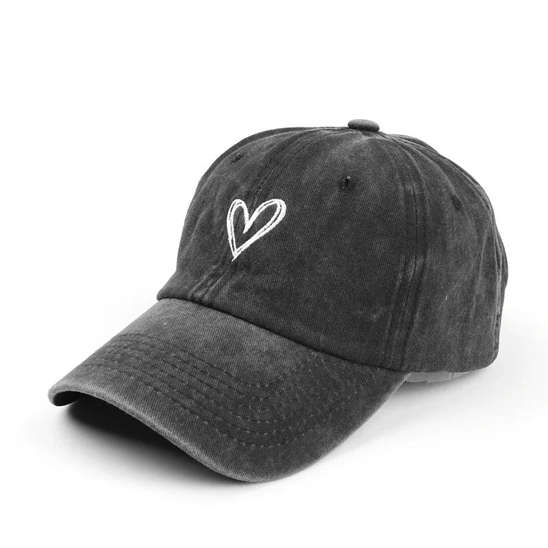 Unisex Denim Baseball Cap – Peach Heart Embroidery Soft Dad Hat Retro Y2K Snapback Sun Hat (Couple Style)