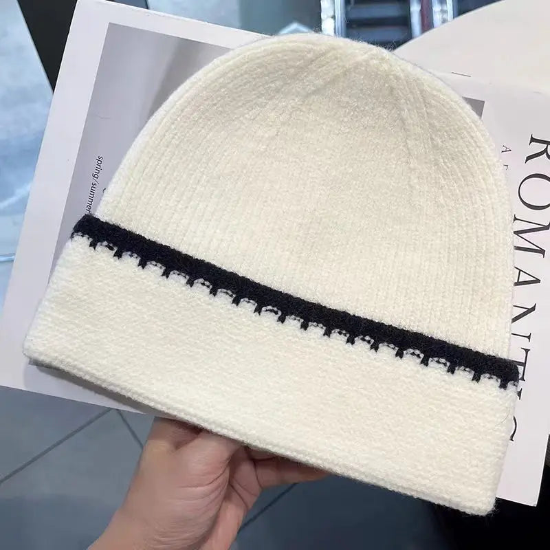 Minimally Color Blocking Striped Knitted Hats For Women Versatile In Autumn And Winter Fashionable And Trendy Warm Caps