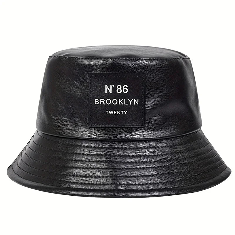 Unisex Brooklyn Panama Bucket Hat PU Leather Fisherman Hat Outdoor Travel Sunscreen Hats for Men Women