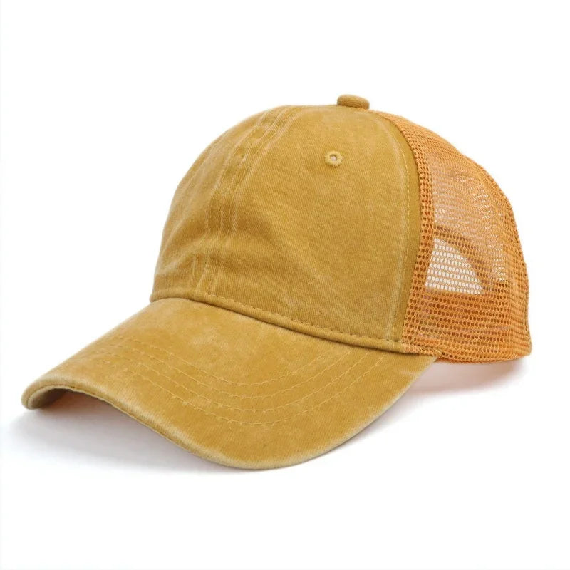 Unisex Washed Cotton Baseball Cap – Vintage Solid Color Adjustable Mesh Trucker Streetwear Summer Outdoor Hat