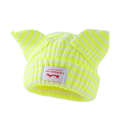 Stripe Knit Beanie Hats Cute Bunny Ears Grunge Cap Fluffy Winter Warm Knit Crochet Outdoor Slouchy Beanie Fashion Brand