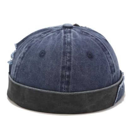 Retro Patch Hole Dome Melon Hat Washed Denim Cotton Brimless Beanie Cap Unisex Docker Sailor Biker Cap Casual Skull Loop Beanie
