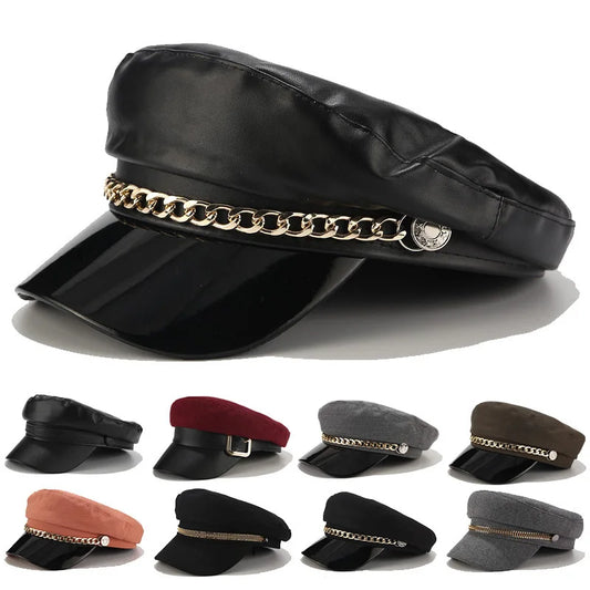 Trendy Beret Hat Women Casual Military Cap Flat Captain Trucker Caps Fashion Pu Leather Travel Cadet Painter Octagonal Hats