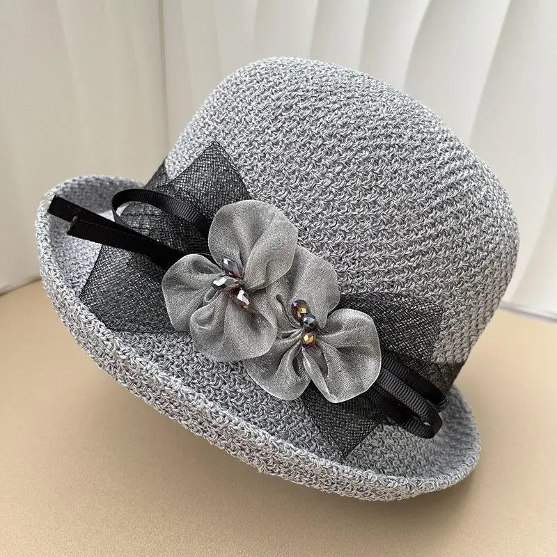 Hat for Women's New Summer Round Top Curled Edge Top Hat Sun Protection BreathabeMiddle-aged and Elderly Mothers Sun Hat Party