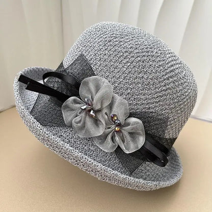 Hat for Women's New Summer Round Top Curled Edge Top Hat Sun Protection BreathabeMiddle-aged and Elderly Mothers Sun Hat Party