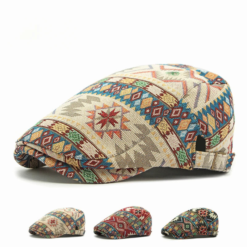 Dad Boho Jacquard Hat Female British Retro Beret Ethnic Style Personalized Geometric Cap Casual Forward Hat Male VisorsGift