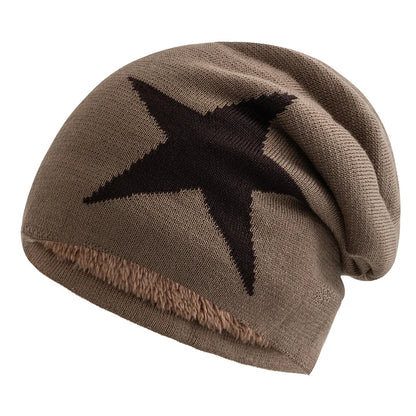 New Unisex Slouchy Winter Hats Five Star Pattern Warm Hats For Men Women Plush Fur Lined  Fashion Ski Beanie Cap