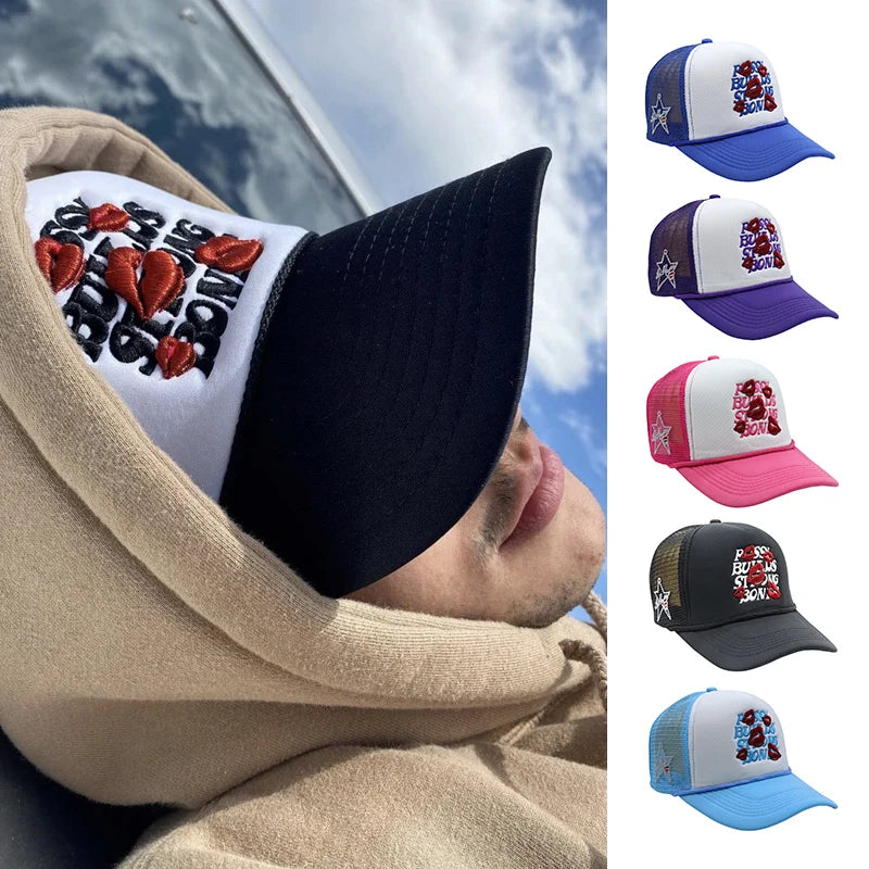 Unisex American Style Lip Embroidered Baseball Cap – Adjustable Breathable Streetwear Sun Hat
