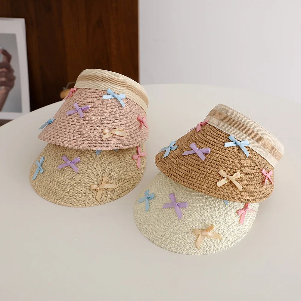 Girl Baby Summer Straw Hat Casual Bowknot Large Brim Sun Visor Cap Outdoor Beach Sunscreen Top Empty Sun Hats Cute Baseball Caps