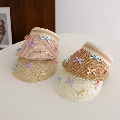 Girl Baby Summer Straw Hat Casual Bowknot Large Brim Sun Visor Cap Outdoor Beach Sunscreen Top Empty Sun Hats Cute Baseball Caps