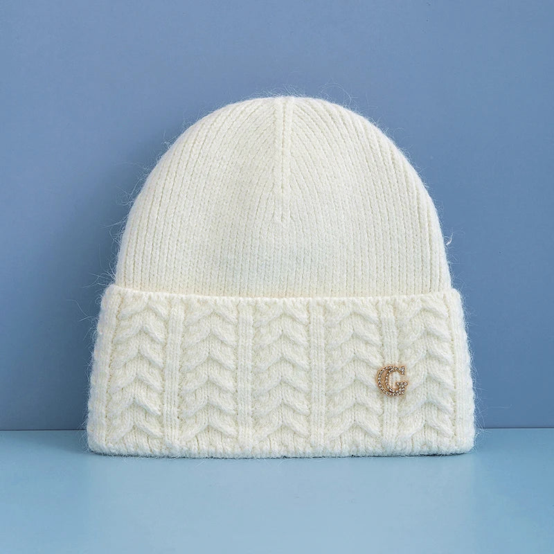 New Style Simple Chic Winter Hat G Letter Decor Rabbit Fur Beanie Elegant Winter Hats For Women Candy Colors Warm Knit Hats