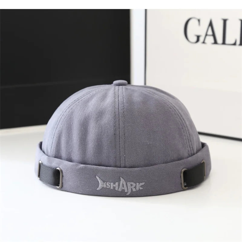 Unisex Vintage Docker Cap – Shark Embroidery Brimless Cotton Beanie Adjustable Dome Sun Hat