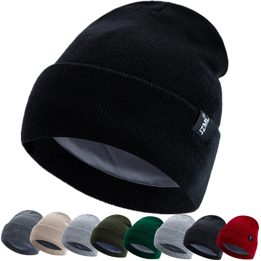 New Style JZML Letter Plush Satin Lined Anti-Static Beanie Hat Autumn&Winter Hats For Men And Women Outdoor Knitted Hats