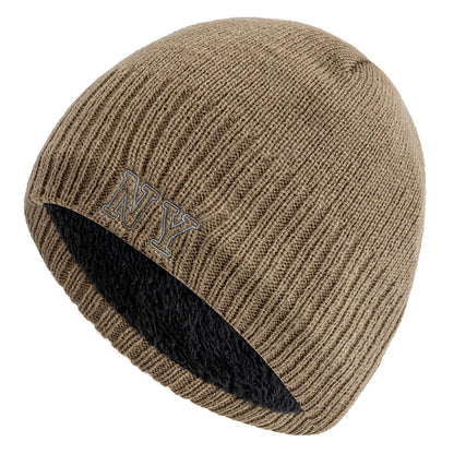 New Style Unisex Autumn/Winter Hats Plush Fur Lined Men Women Warm Beanie Cap Casual NY Printing Winter Ski Knitted Hats