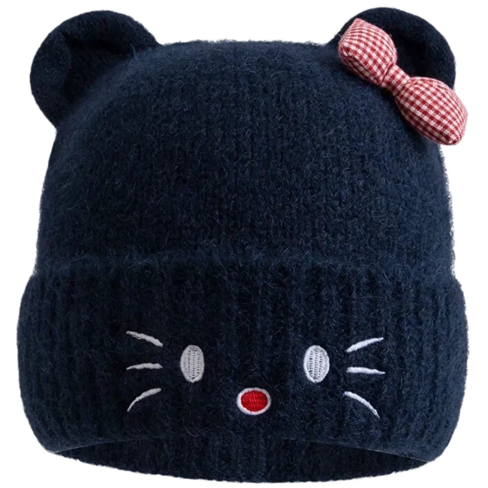 Hot Sale Women Loose Beanie Hat With Cute Cat Ear Lovely Bow Style Winter Knitted Hats For Female Streetwear Winter Hat