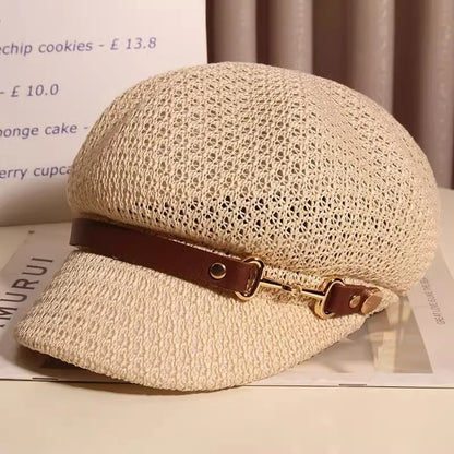 Hollow Breathable Leather Buckle Octagonal Hat  Classic Woven Straw Hat Casual Versatile Literary Sunshade Painter Hat