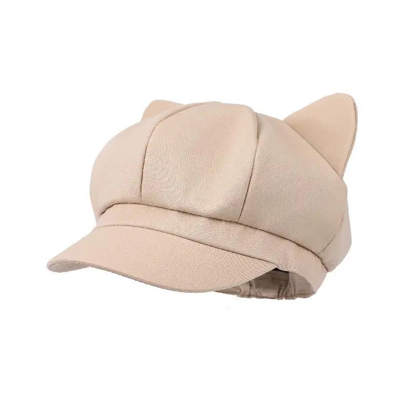 Beret Women Cute Cat Ear Sweet Octagonal Hats For Women Newsboy Cap Painter Hat Korean Style Solid Color Black
