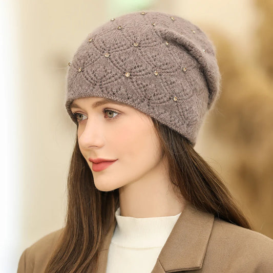 New Women Winter Hat Streetwear Rabbit Fur Blend Warm Cap Fashion Decorate Beanie Hat For Female Casual Knitted Hat