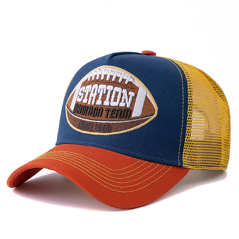 Hot Sale Unisex Football Pattern Mesh Trucker Hat Summer Breathable Baseabll Cap Embroidered Snapback Cap for Men And Women