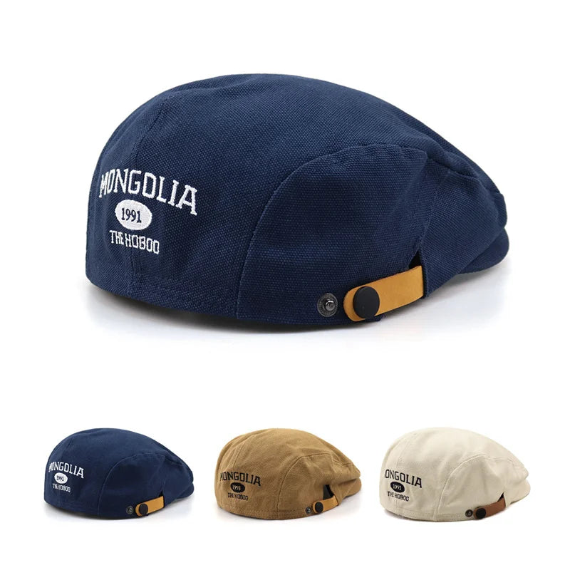 Unisex Cotton Beret – Vintage Newsboy Gatsby Flat Cabbie Cap with Embroidery