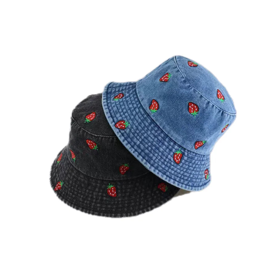 Spring Summer Strawberry Embroidery Denim  Bucket Hat Legent Fisherman Hats for Women Foldable Sport Sun Beach  Caps