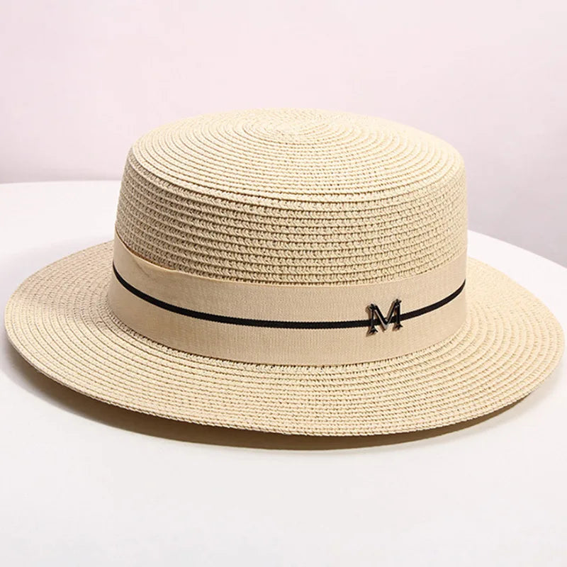 Straw hat women's summer flat top small top hat beach vacation hat straw woven hat sun hat