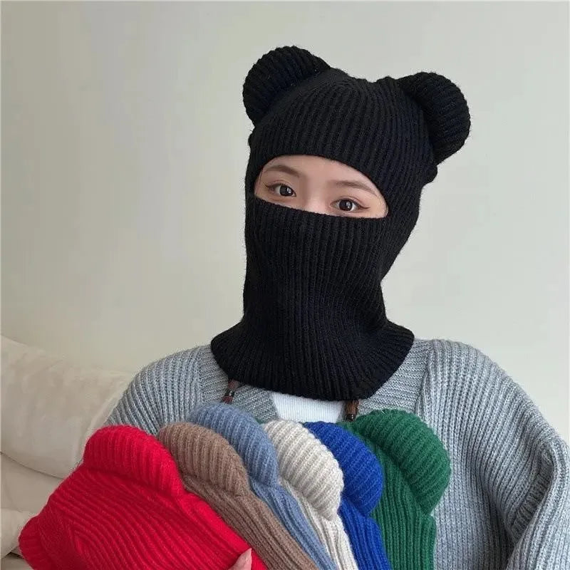 Warm Cycling Caps Winter Knitted Ski Scarf Hat Bear Ear Balaclava Hat Bonnets Beanie for Men Women Outdoor Sports Hooded