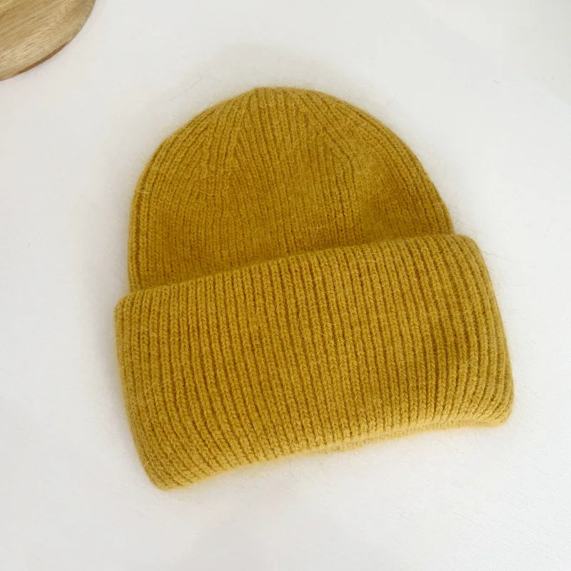 Fashion Warm Cashmere Wool Skullies Cap Angola Rabbit Fur Winter Knitted Beanies Women Female Ski Outdoor Solid Color Hats