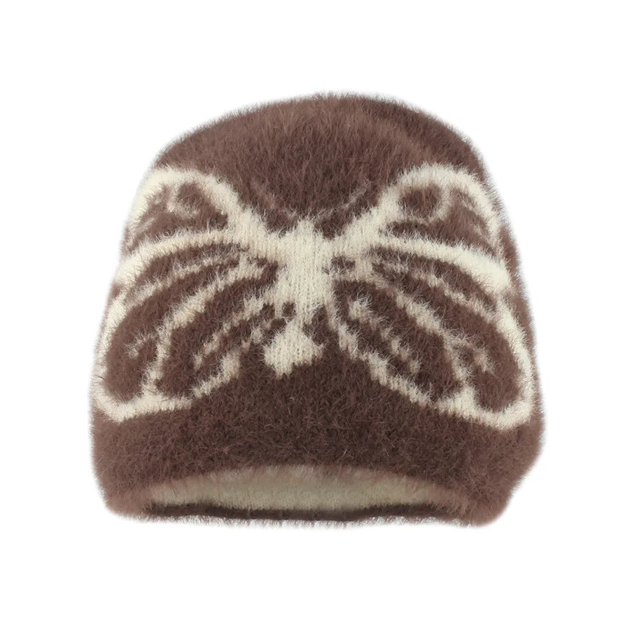 2024 Autumn and Winter New Mink Hair Knitted Hat Female Butterfly Jacquard Thickened Warm Plush Pullover Hat Versatile