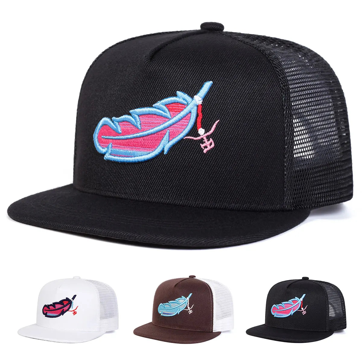 Unisex Colorful Feather Embroidery Hip-hop Net Hats Spring Summer Outdoor Adjustable Casual Baseball Caps Sunscreen Hat