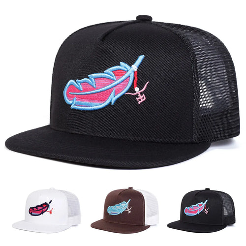 Unisex Colorful Feather Embroidery Hip-hop Net Hats Spring Summer Outdoor Adjustable Casual Baseball Caps Sunscreen Hat