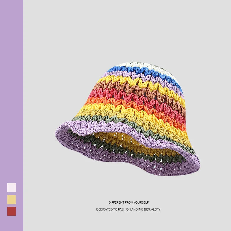 Sun Hat Women's Summer Sun Protection UV Protection 2024 New Beach Vacation Fisherman Hat Rainbow Colorful Striped Basin Hat