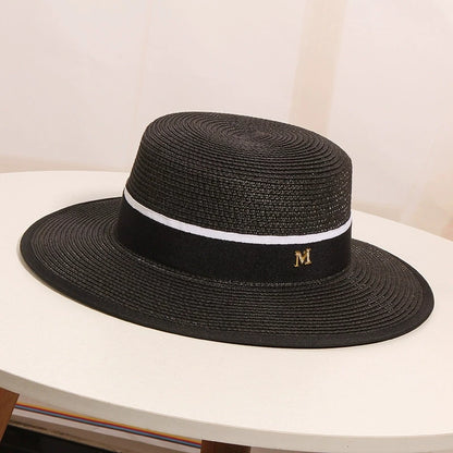 Women's Summer Travel Beach Jazz Hat Seaside Sunshade Sun Protection Straw Hat Flat Top British Hat Straw Woven
