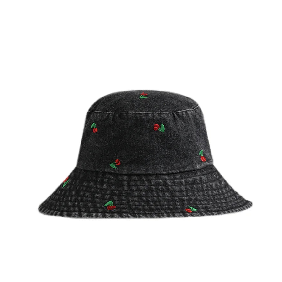 Spring Summer Strawberry Embroidery Denim  Bucket Hat Legent Fisherman Hats for Women Foldable Sport Sun Beach  Caps