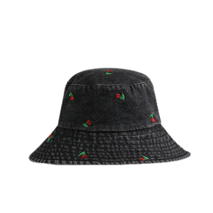 Spring Summer Strawberry Embroidery Denim  Bucket Hat Legent Fisherman Hats for Women Foldable Sport Sun Beach  Caps