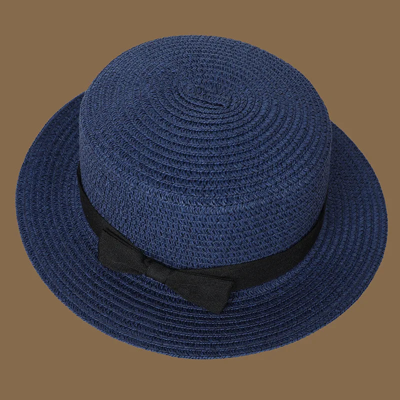 Spring and Summer New Straw Knitted Bow Straw Hat Korean  Fashion and Leisure Foldable Beach Flat Top Short Eaf Straw Hat