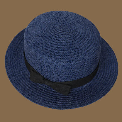 Spring and Summer New Straw Knitted Bow Straw Hat Korean  Fashion and Leisure Foldable Beach Flat Top Short Eaf Straw Hat