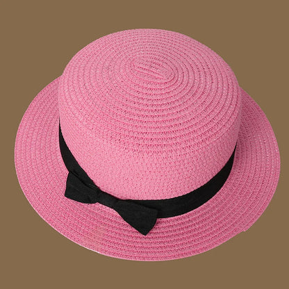 Spring and Summer New Straw Knitted Bow Straw Hat Korean  Fashion and Leisure Foldable Beach Flat Top Short Eaf Straw Hat