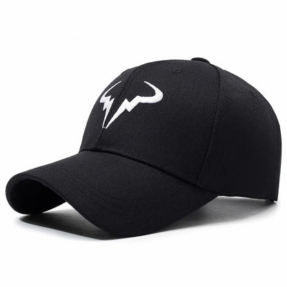 Black Baseball Cap with White Bull Logo Casual Outdoor Everyday Hat