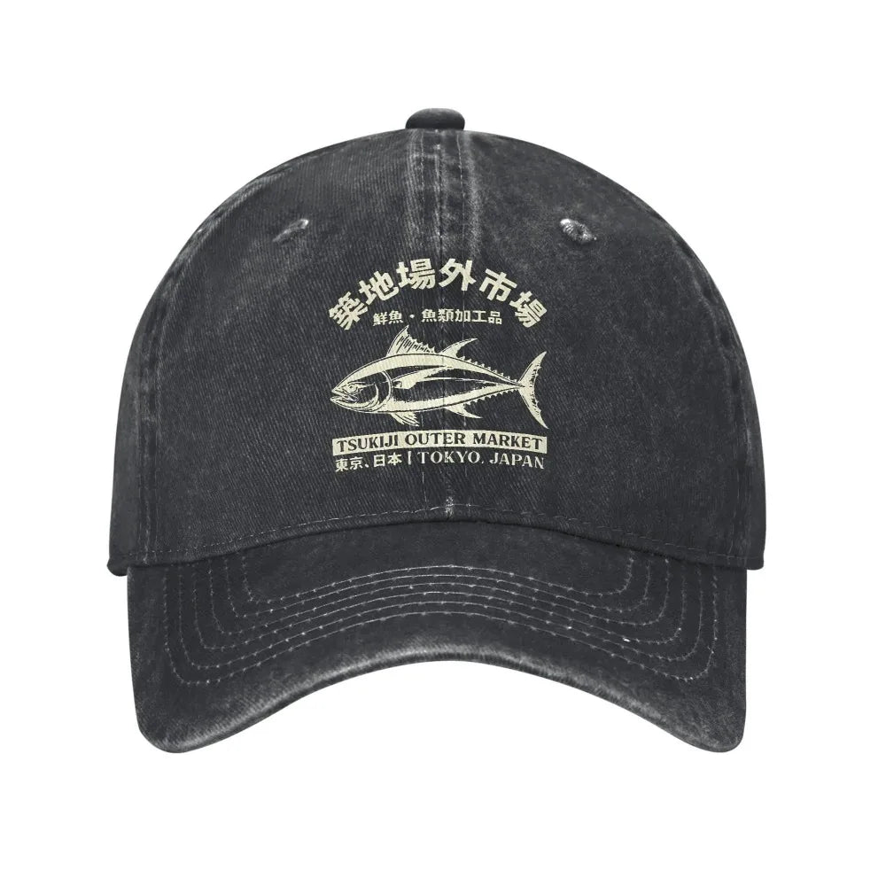 Japanense Tsukiji Fish Market Washed Tokyo Japan Baseball Cap Sun High Quality Washed Trucker Hat Female Male Snapback Cap