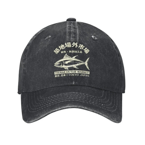 Japanense Tsukiji Fish Market Washed Tokyo Japan Baseball Cap Sun High Quality Washed Trucker Hat Female Male Snapback Cap