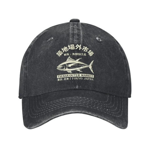 Japanense Tsukiji Fish Market Washed Tokyo Japan Baseball Cap Sun High Quality Washed Trucker Hat Female Male Snapback Cap