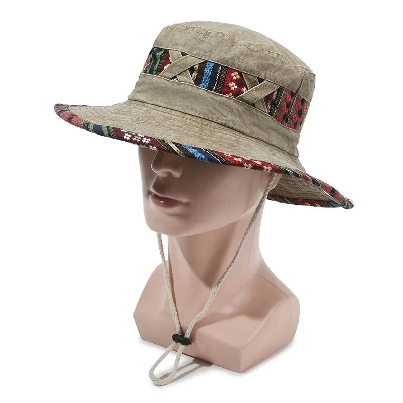 Personalized Ethnic Wind Bucket Hat Spring and Summer Outdoor Fashion Sun Hat Retro Wind Wash Old Street Wind Big Edge Hat