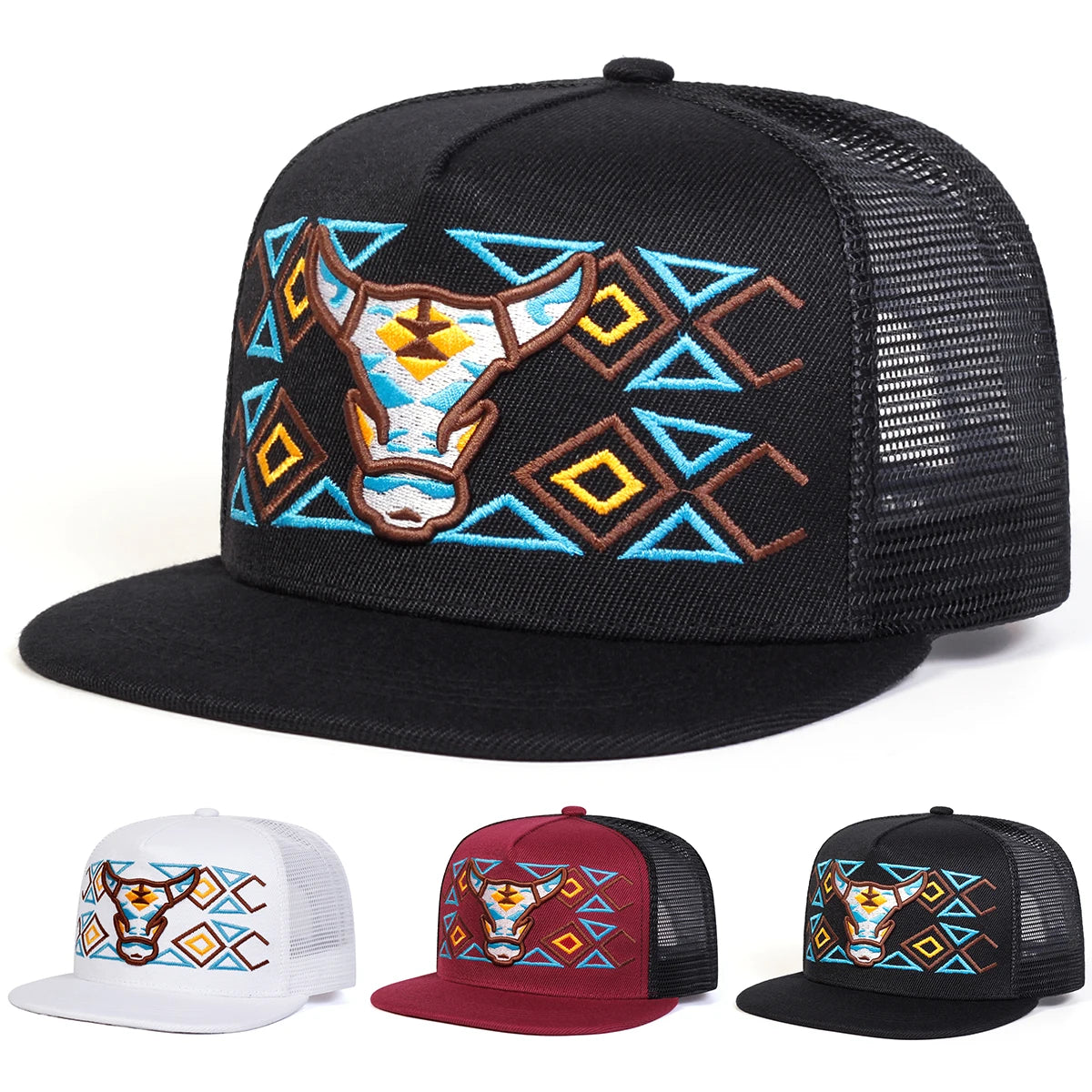 Unisex Ox Head Embroidery Hip-hop Net Hats Spring Summer Outdoor Adjustable Casual Baseball Caps Sunscreen Hat