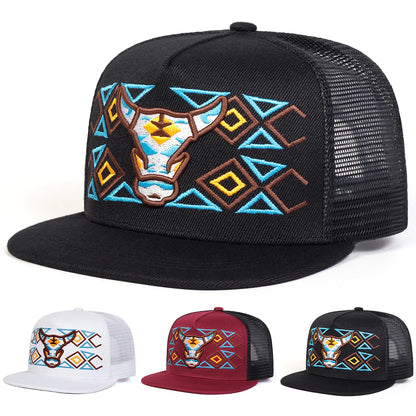 Unisex Ox Head Embroidery Hip-hop Net Hats Spring Summer Outdoor Adjustable Casual Baseball Caps Sunscreen Hat