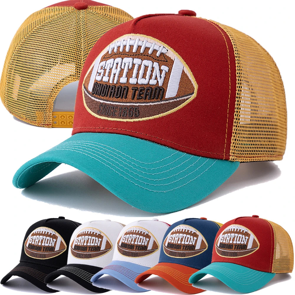 Hot Sale Unisex Football Pattern Mesh Trucker Hat Summer Breathable Baseabll Cap Embroidered Snapback Cap for Men And Women